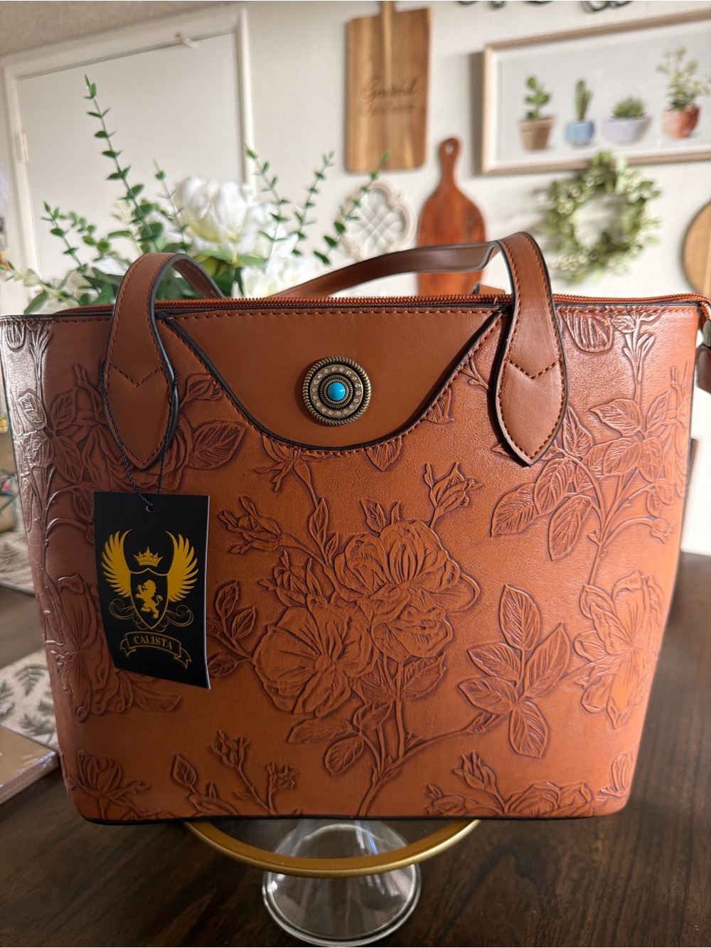 Calista Tan Embossed Floral Tote with Turquoise Accent